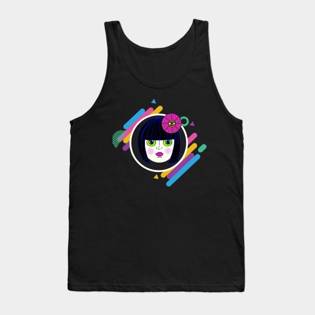 Yayoi Kusama Dollface GeoFrame/Black Hair Tank Top by The Neon Seahorse